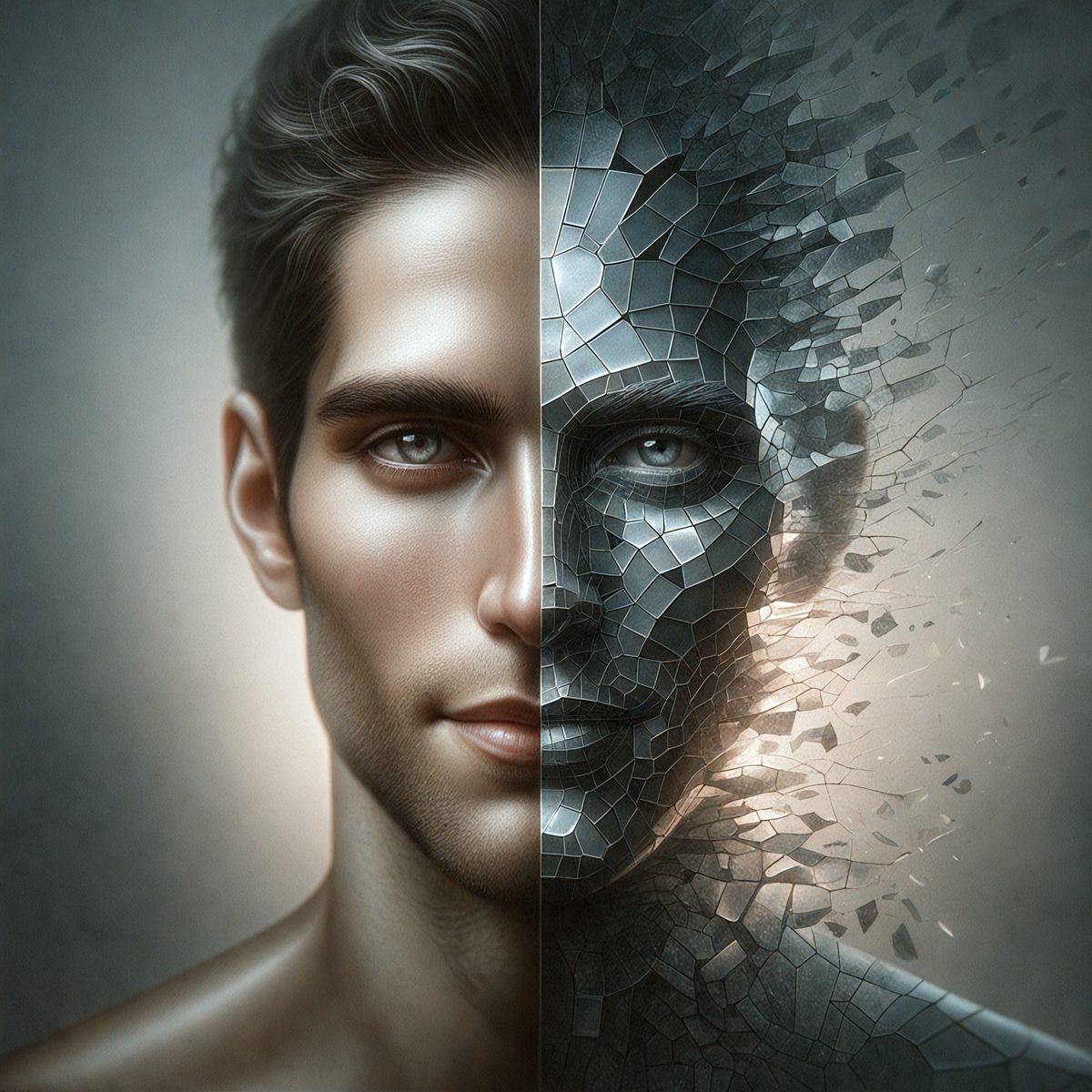 The primary subject of the image is a man's face, which is depicted in two different ways. One half of the face is shown as a realistic, human-like representation, while the other half is shown as a robotic or futuristic representation. The setting is a gray background, which provides a neutral and clean environment for the two faces to be displayed. The visual style of the image is a combination of realism and digital art, as it is a digital illustration or drawing. The colors and mood of the image are a mix of realistic and futuristic tones, creating a sense of contrast and intrigue.